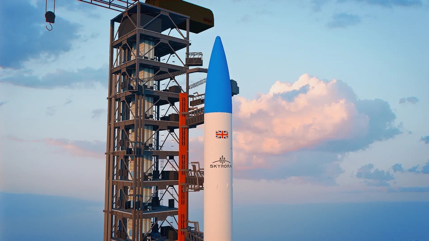Skyrora XL on the launch pad, a cloudy sky is in the foreground